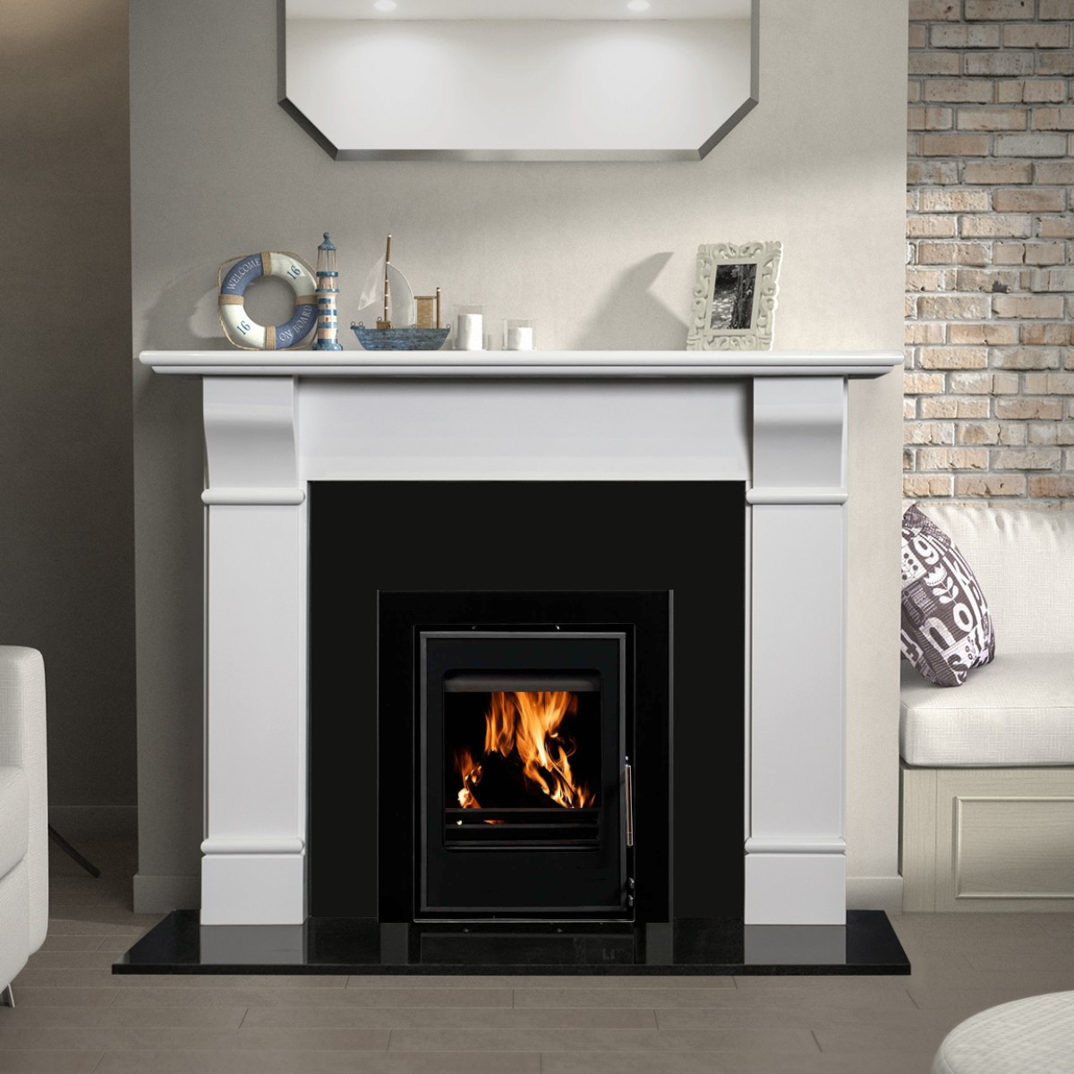 White marble plain corbel fireplace with granite insert, hearth and 5kW glass fronted Hota cassette stove.