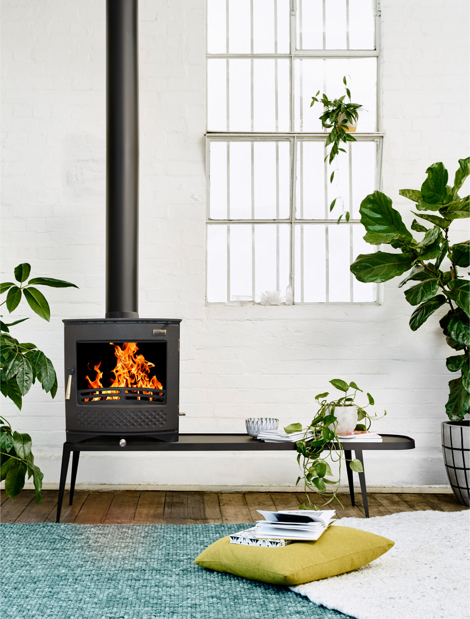 Black wood-burning stove with bright flames beside plants, books, and cushions in a bright white room.