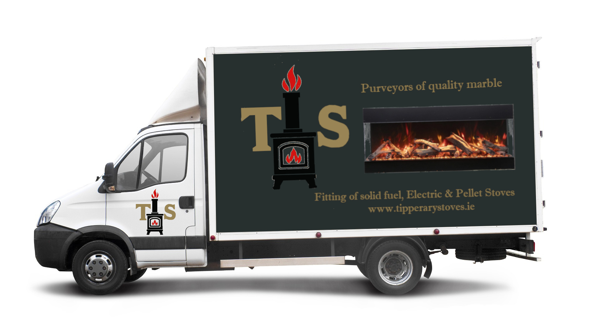 White delivery truck with “TS” branding and a lit stove graphic on its cargo box.