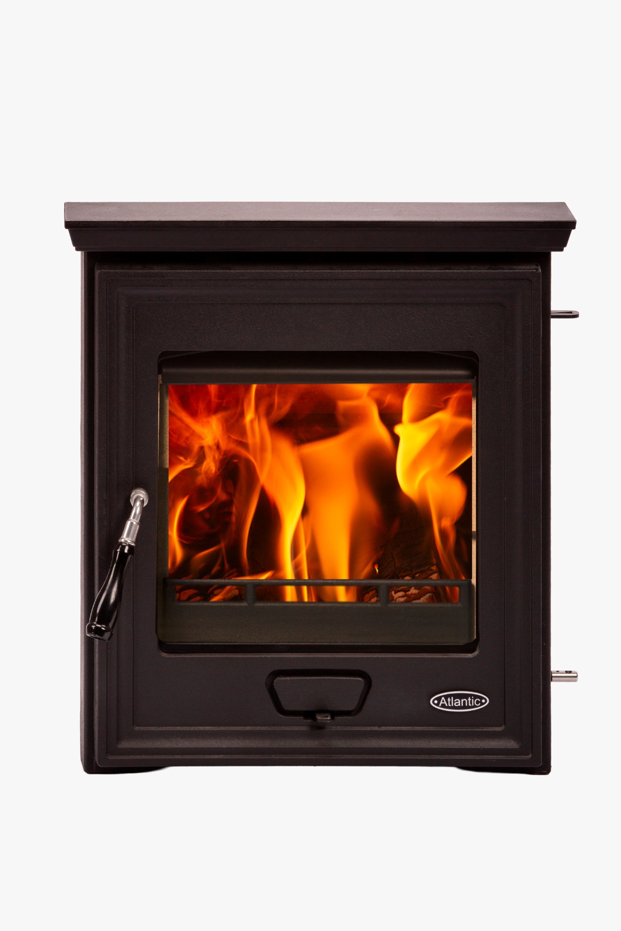 Matt Black Stream 5 Inset stove with glowing orange flames through glass door, showing control handle and Atlantic logo.