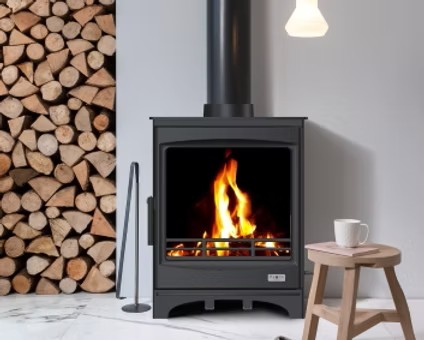 Matt Black Hamco Verona solid fuel stove up to 8kW with large glass viewing area