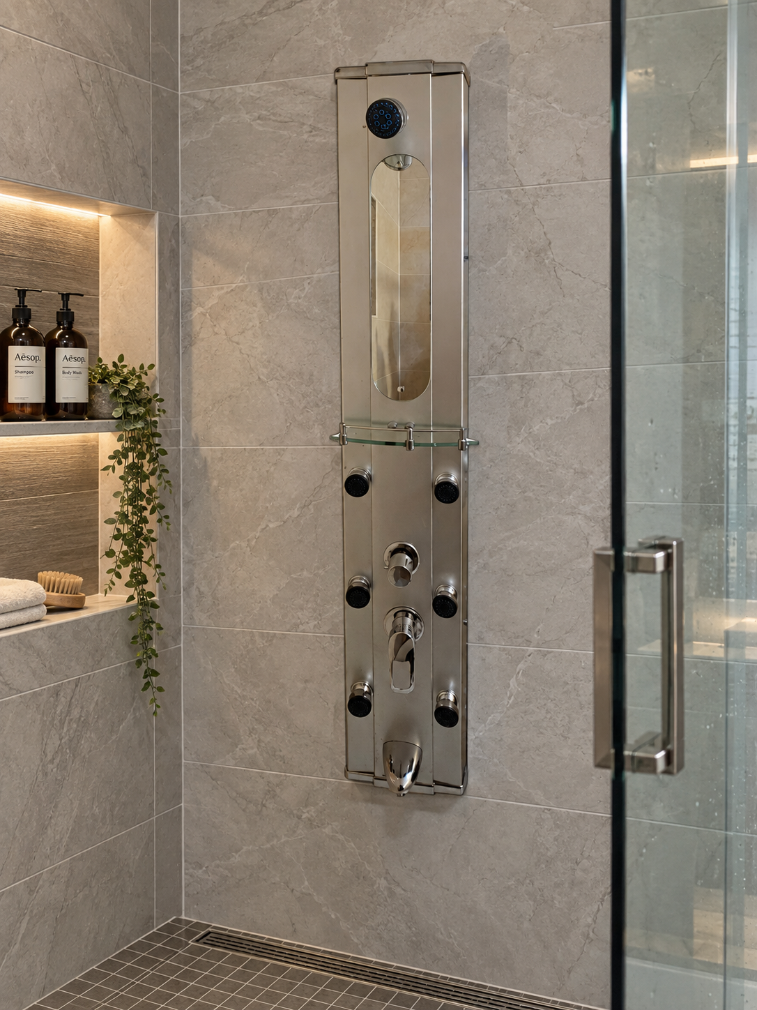 Modern walk-in shower with a stainless-steel effect multi-jet shower panel, grey marble-effect tiles, glass screen, illuminated toiletries niche and dark tiled floor.
