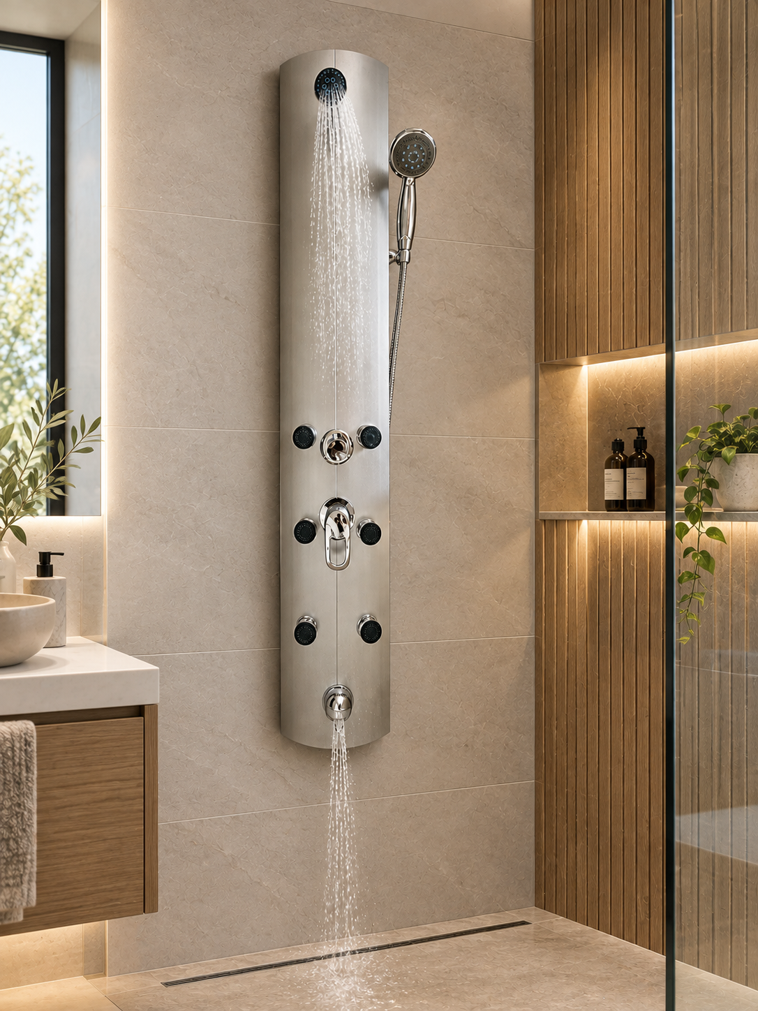 Modern walk-in shower with a stainless-steel effect 6-jet shower panel, cream marble-effect tiles, illuminated toiletries niche.