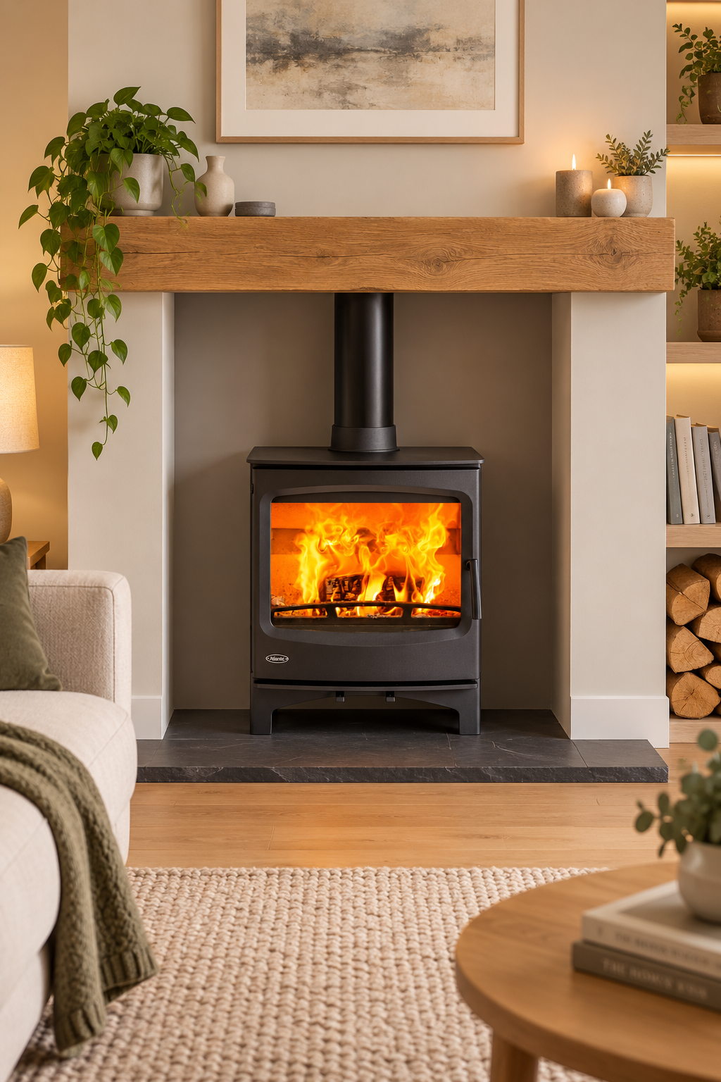 Cozy living room corner with a Pearl 10 wood-burning stove, glowing fire, plants, and warm ambient lighting.