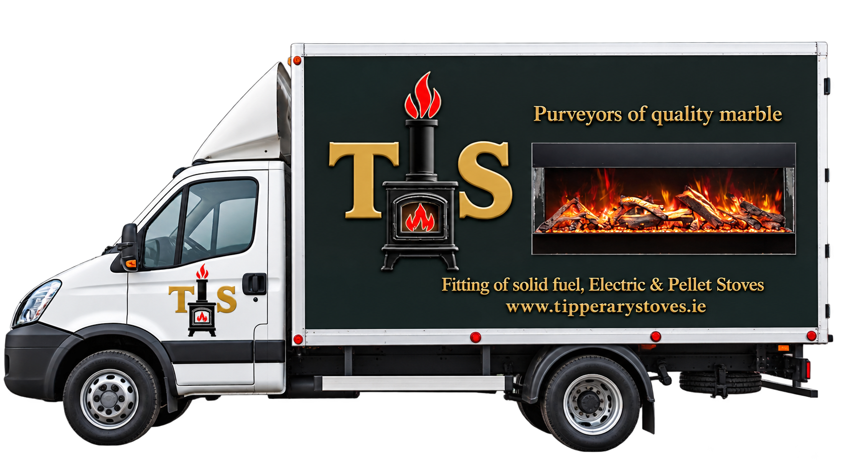 White delivery truck with “TS” branding and a lit stove graphic on its cargo box.